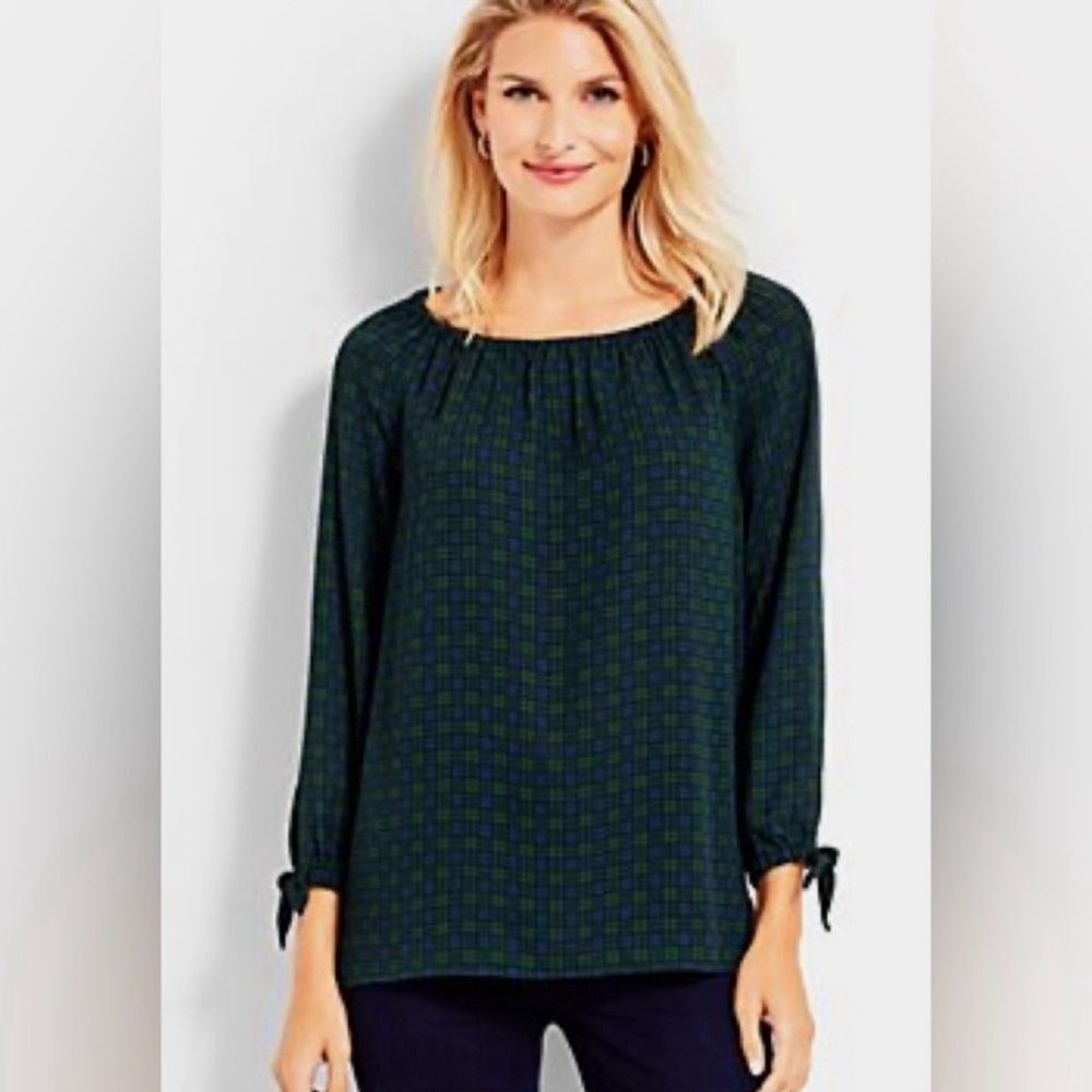Talbots Green Blue Plaid Tie Sleeve Off The Shoulder Blouse Size XL